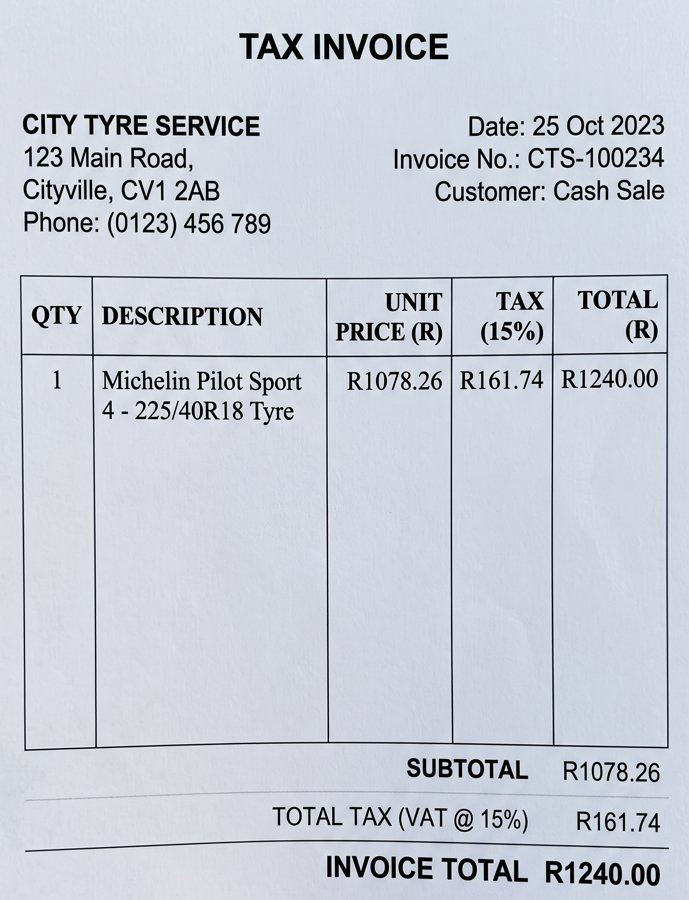 Photo of a tyre invoice from City Tyre Service for R1 240